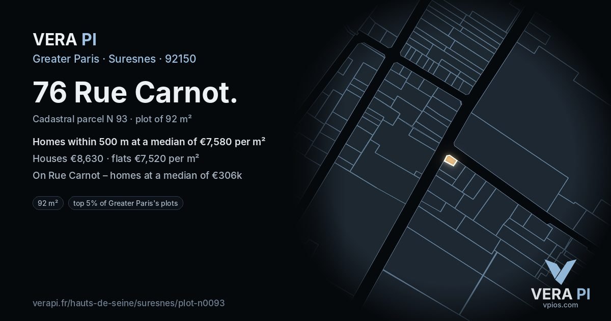 76 Rue Carnot, Suresnes at night – the plot lit, the parcels around coloured by the prices near them