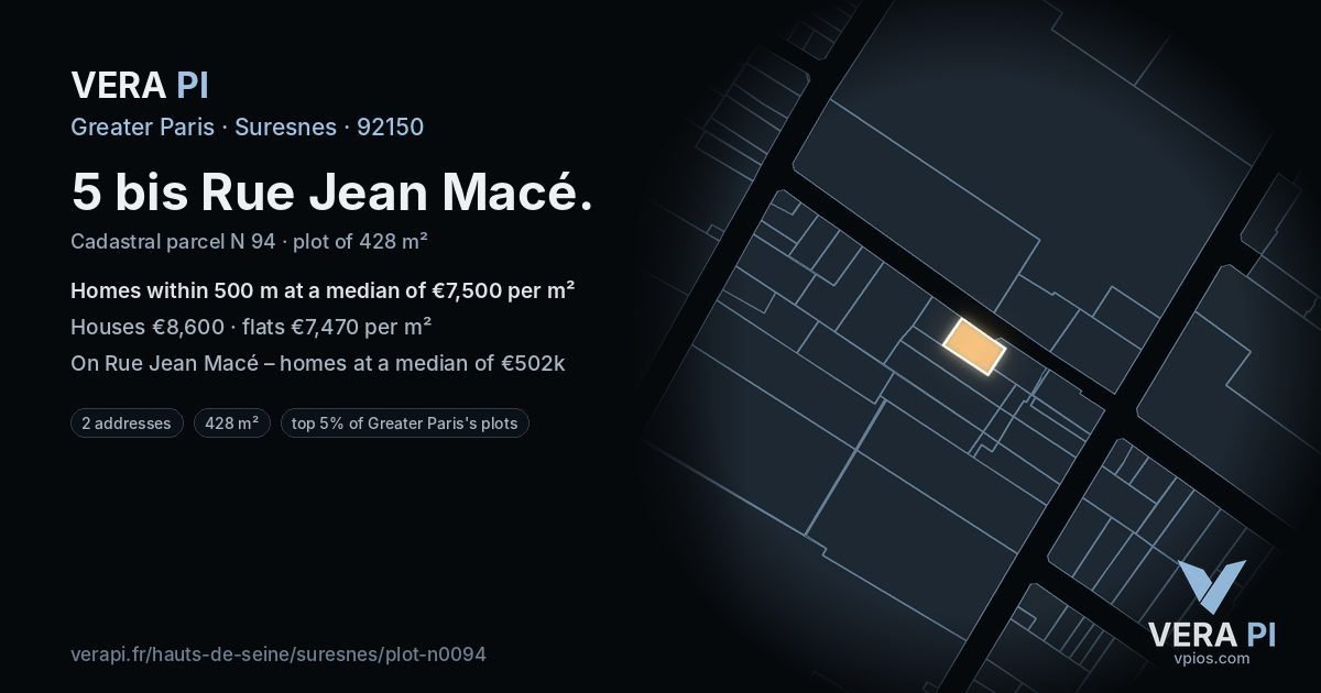 5 bis Rue Jean Macé, Suresnes at night – the plot lit, the parcels around coloured by the prices near them