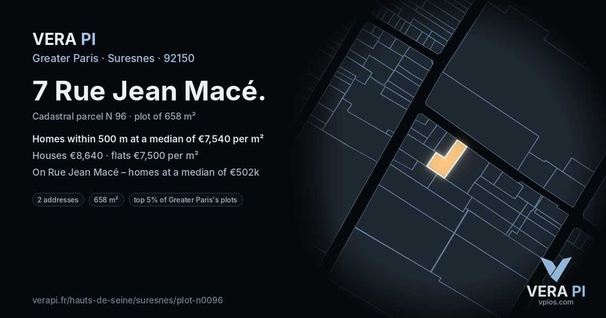 7 Rue Jean Macé, Suresnes at night – the plot lit, the parcels around coloured by the prices near them