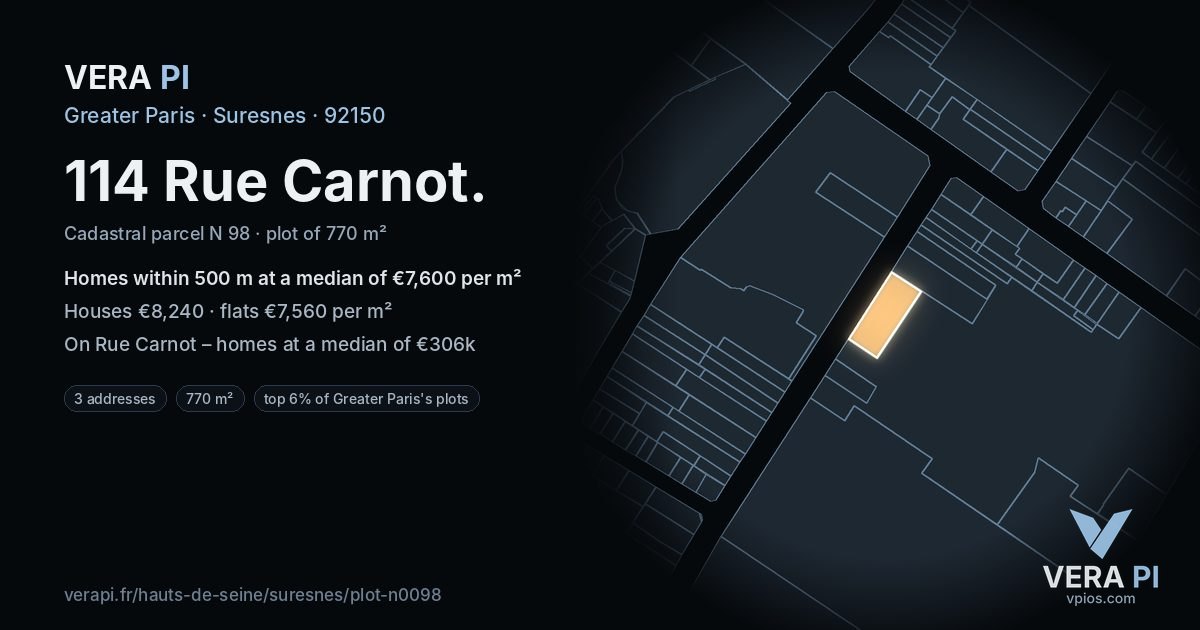 114 Rue Carnot, Suresnes at night – the plot lit, the parcels around coloured by the prices near them