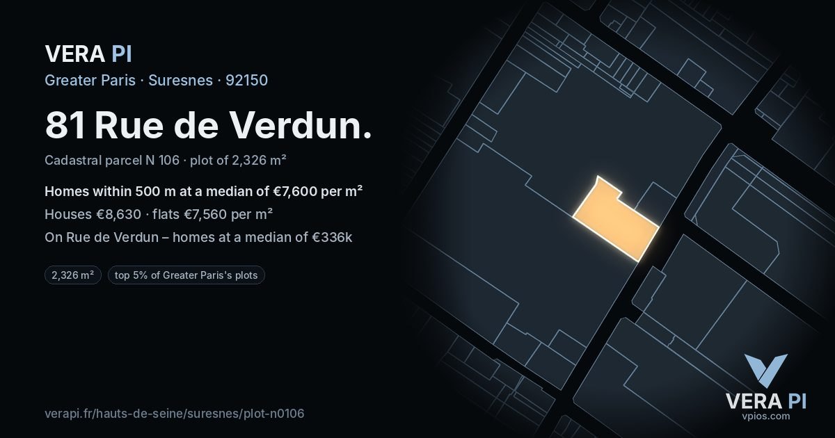 81 Rue de Verdun, Suresnes at night – the plot lit, the parcels around coloured by the prices near them
