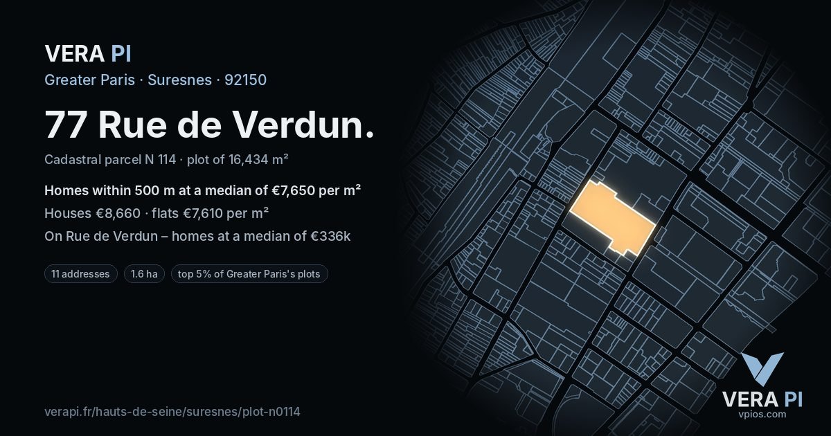 77 Rue de Verdun, Suresnes at night – the plot lit, the parcels around coloured by the prices near them