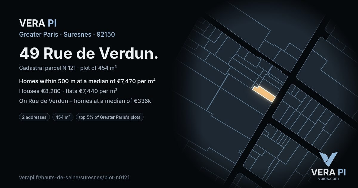 49 Rue de Verdun, Suresnes at night – the plot lit, the parcels around coloured by the prices near them