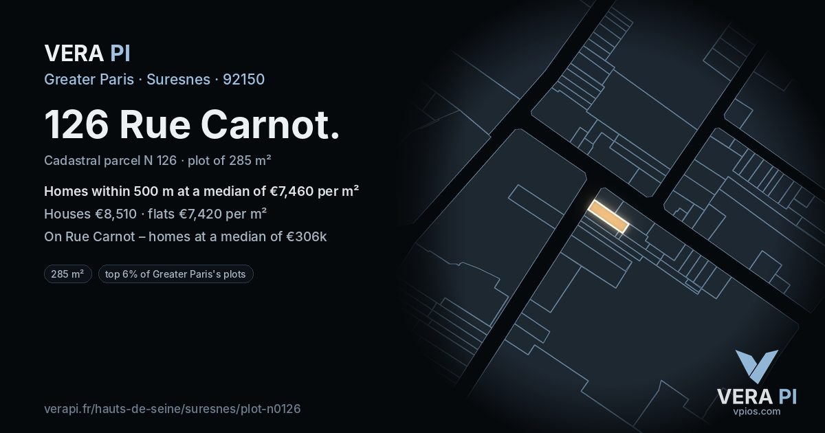 126 Rue Carnot, Suresnes at night – the plot lit, the parcels around coloured by the prices near them