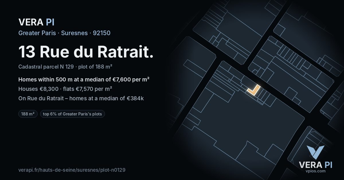 13 Rue du Ratrait, Suresnes at night – the plot lit, the parcels around coloured by the prices near them