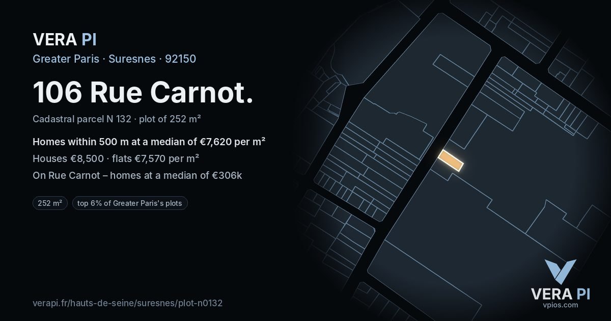 106 Rue Carnot, Suresnes at night – the plot lit, the parcels around coloured by the prices near them
