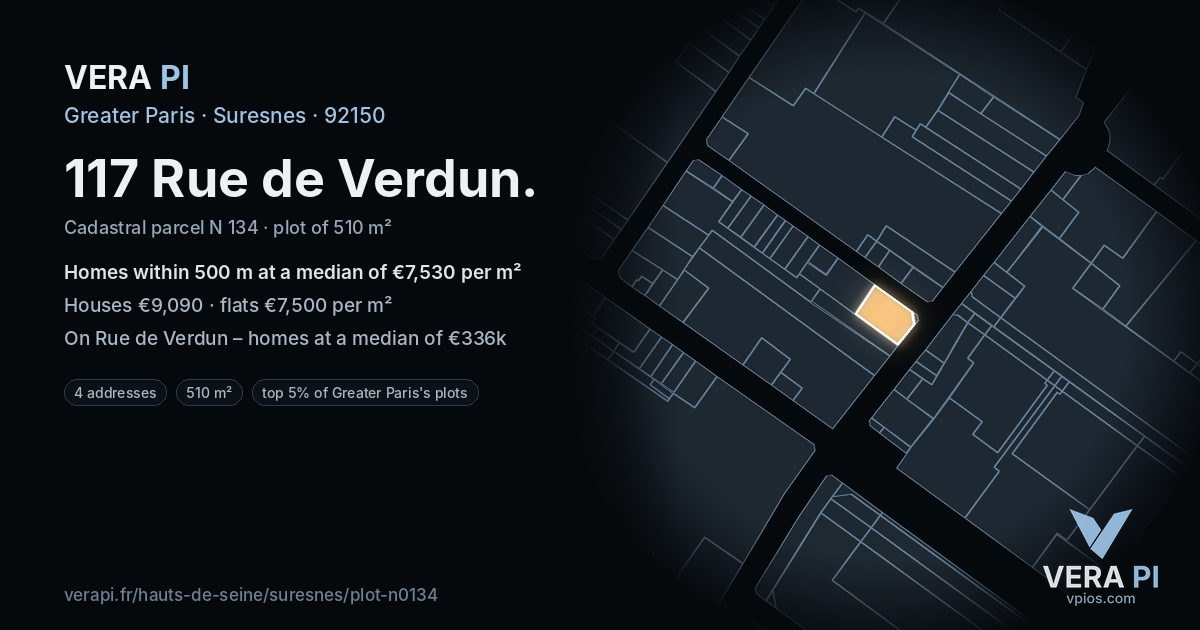 117 Rue de Verdun, Suresnes at night – the plot lit, the parcels around coloured by the prices near them