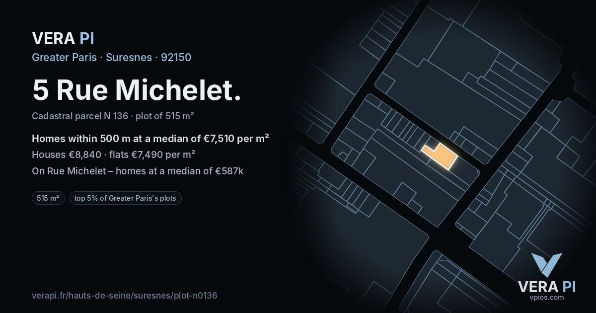 5 Rue Michelet, Suresnes at night – the plot lit, the parcels around coloured by the prices near them