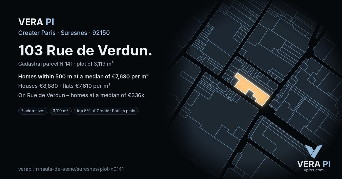 103 Rue de Verdun, Suresnes at night – the plot lit, the parcels around coloured by the prices near them