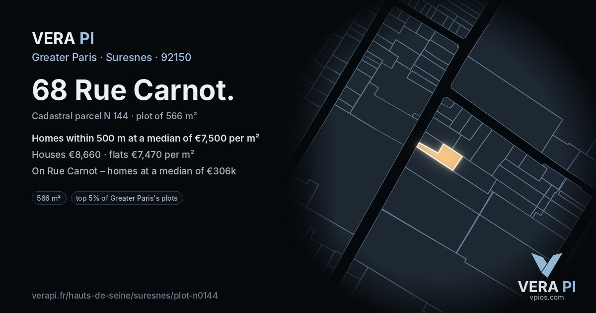 68 Rue Carnot, Suresnes at night – the plot lit, the parcels around coloured by the prices near them