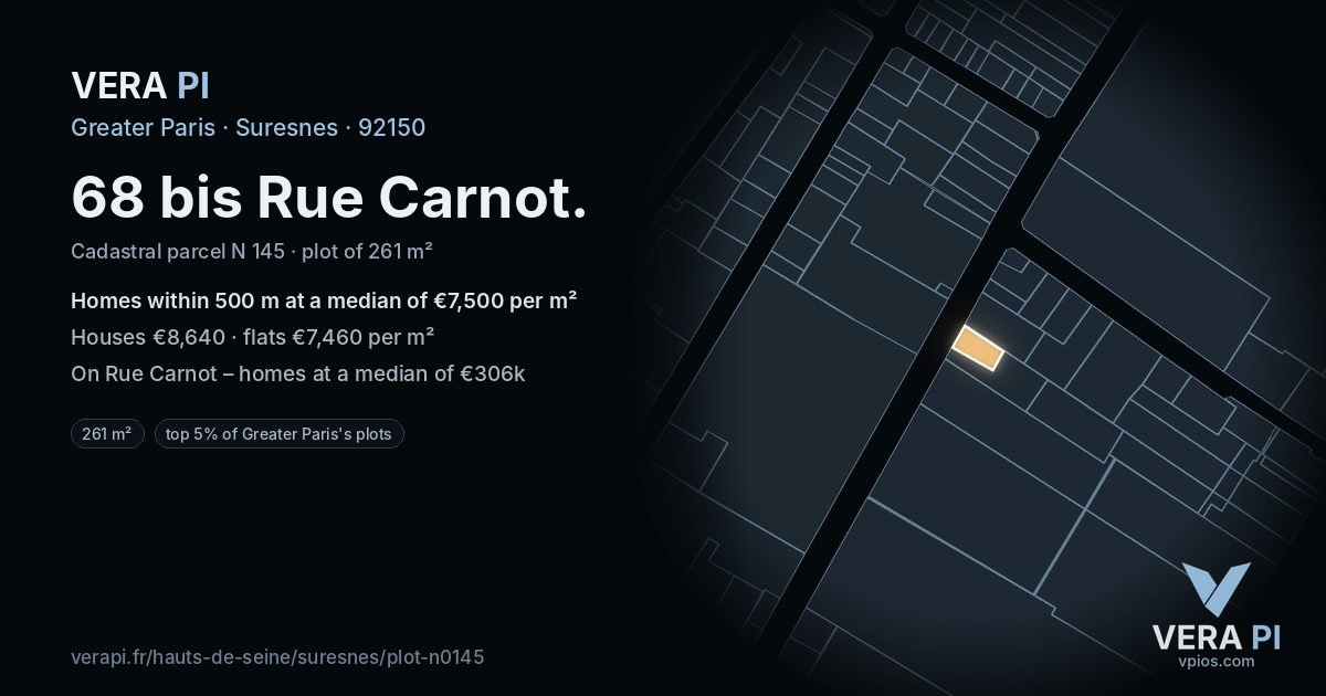 68 bis Rue Carnot, Suresnes at night – the plot lit, the parcels around coloured by the prices near them
