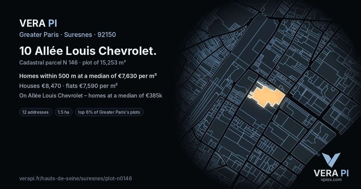 10 Allée Louis Chevrolet, Suresnes at night – the plot lit, the parcels around coloured by the prices near them