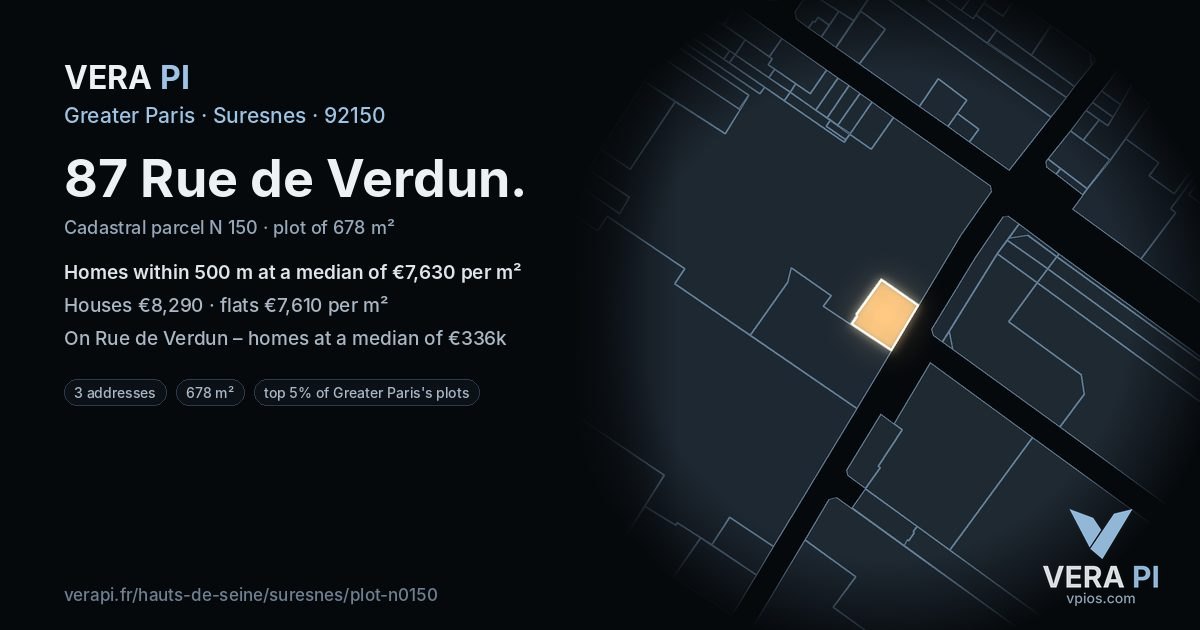 87 Rue de Verdun, Suresnes at night – the plot lit, the parcels around coloured by the prices near them