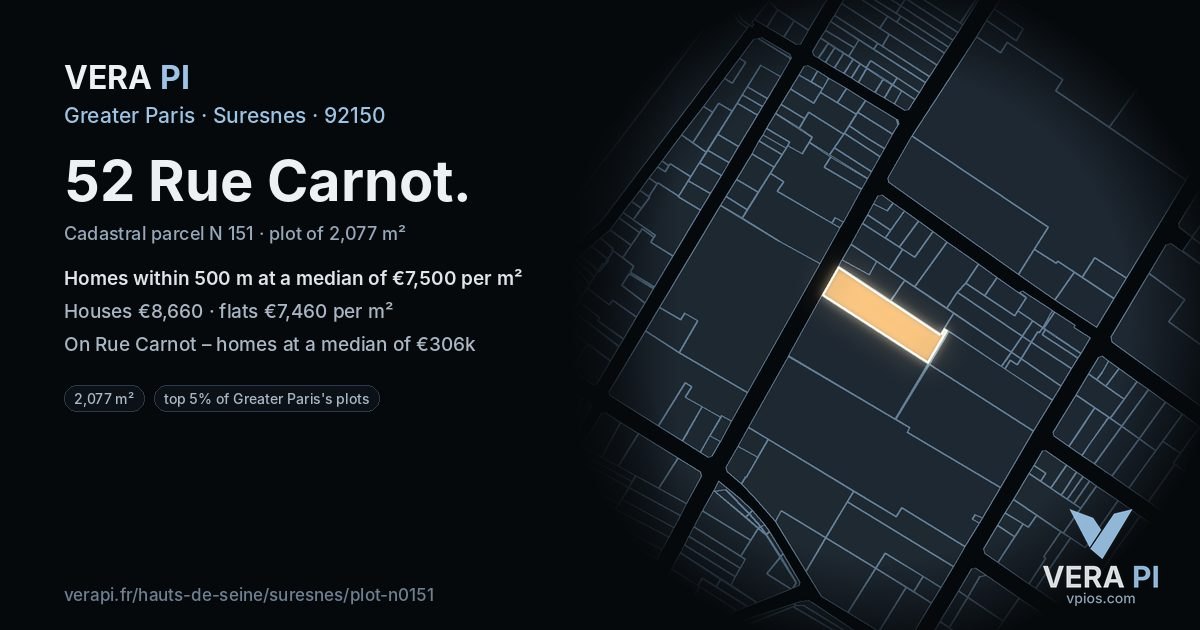 52 Rue Carnot, Suresnes at night – the plot lit, the parcels around coloured by the prices near them