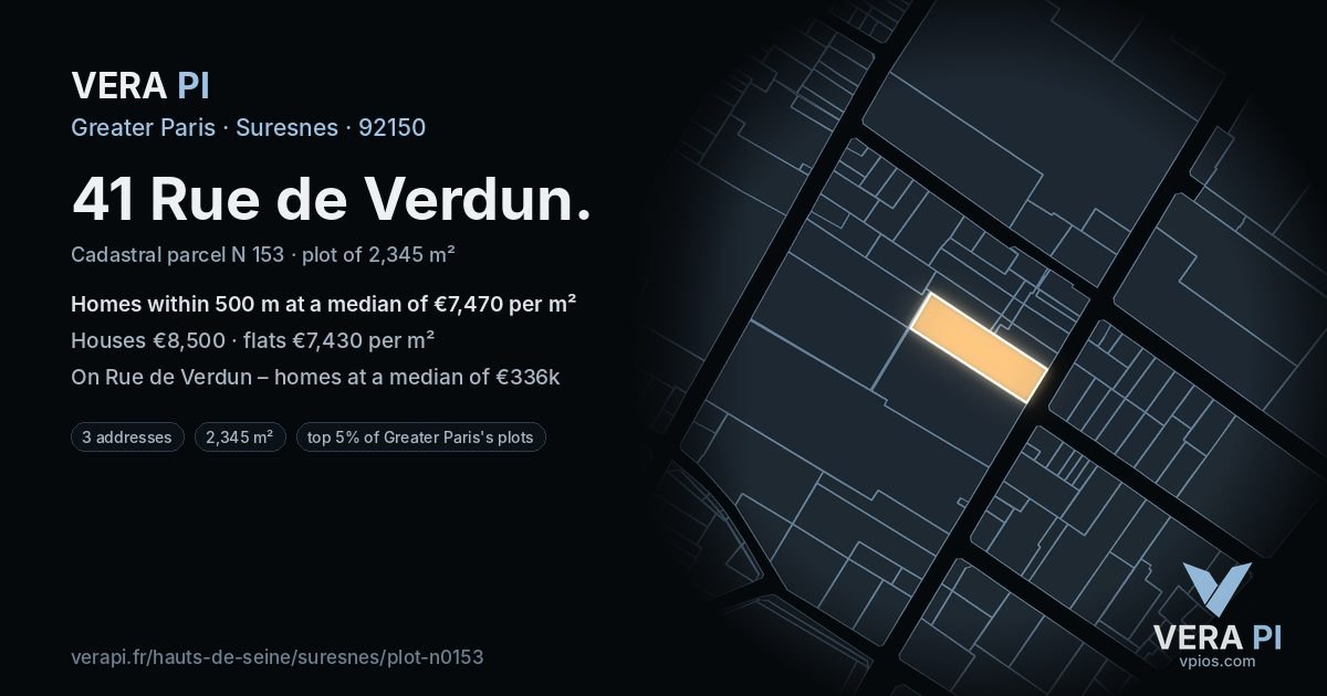 41 Rue de Verdun, Suresnes at night – the plot lit, the parcels around coloured by the prices near them