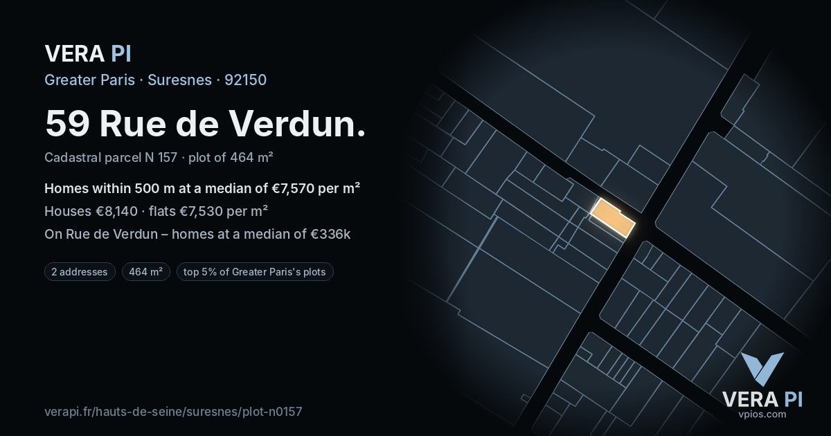 59 Rue de Verdun, Suresnes at night – the plot lit, the parcels around coloured by the prices near them