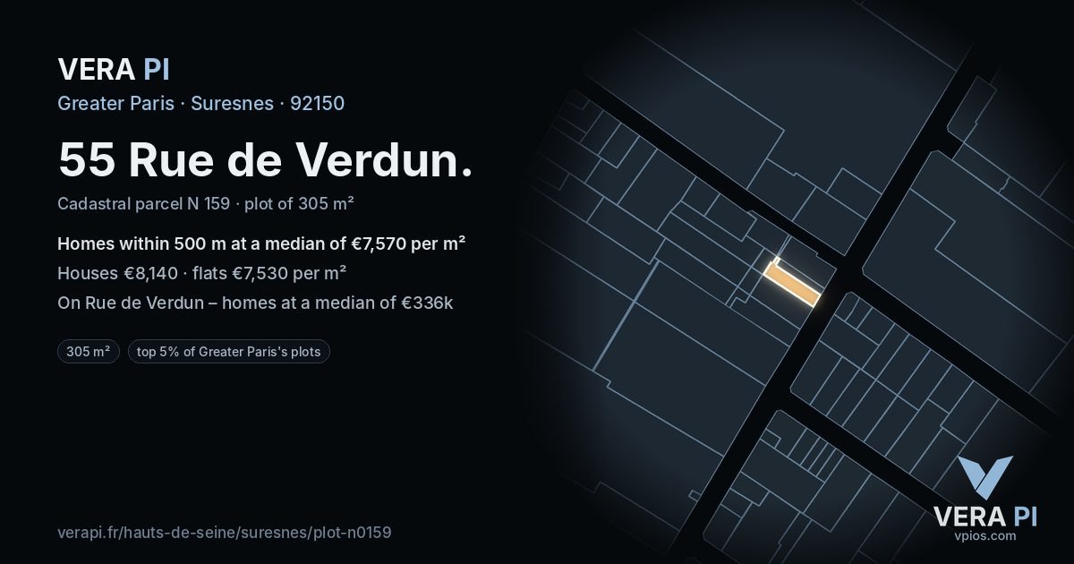 55 Rue de Verdun, Suresnes at night – the plot lit, the parcels around coloured by the prices near them
