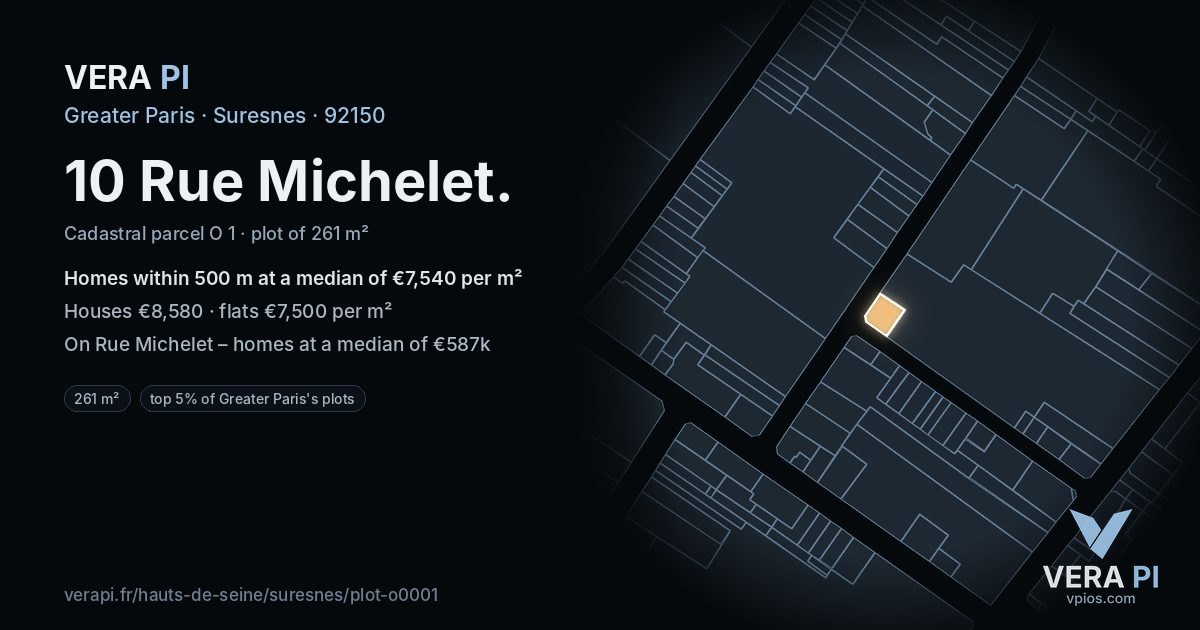 10 Rue Michelet, Suresnes at night – the plot lit, the parcels around coloured by the prices near them