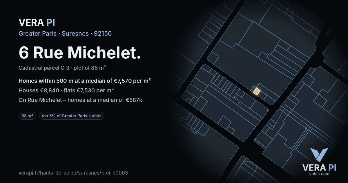 6 Rue Michelet, Suresnes at night – the plot lit, the parcels around coloured by the prices near them