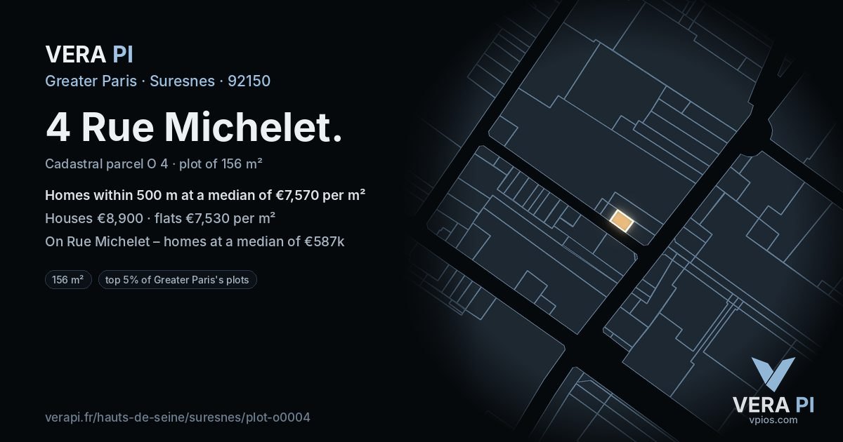 4 Rue Michelet, Suresnes at night – the plot lit, the parcels around coloured by the prices near them