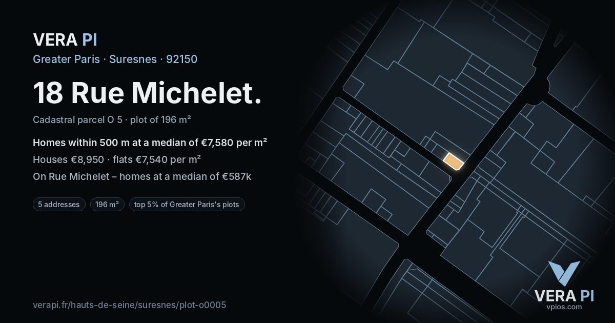 18 Rue Michelet, Suresnes at night – the plot lit, the parcels around coloured by the prices near them