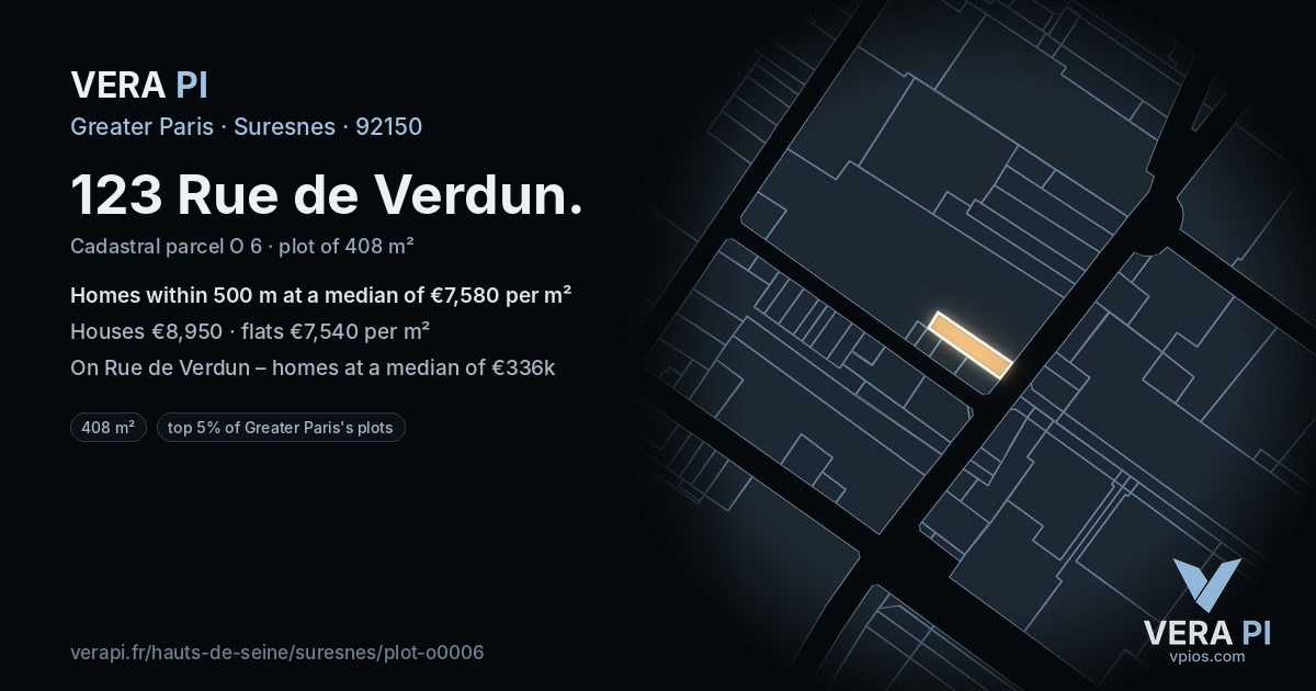 123 Rue de Verdun, Suresnes at night – the plot lit, the parcels around coloured by the prices near them