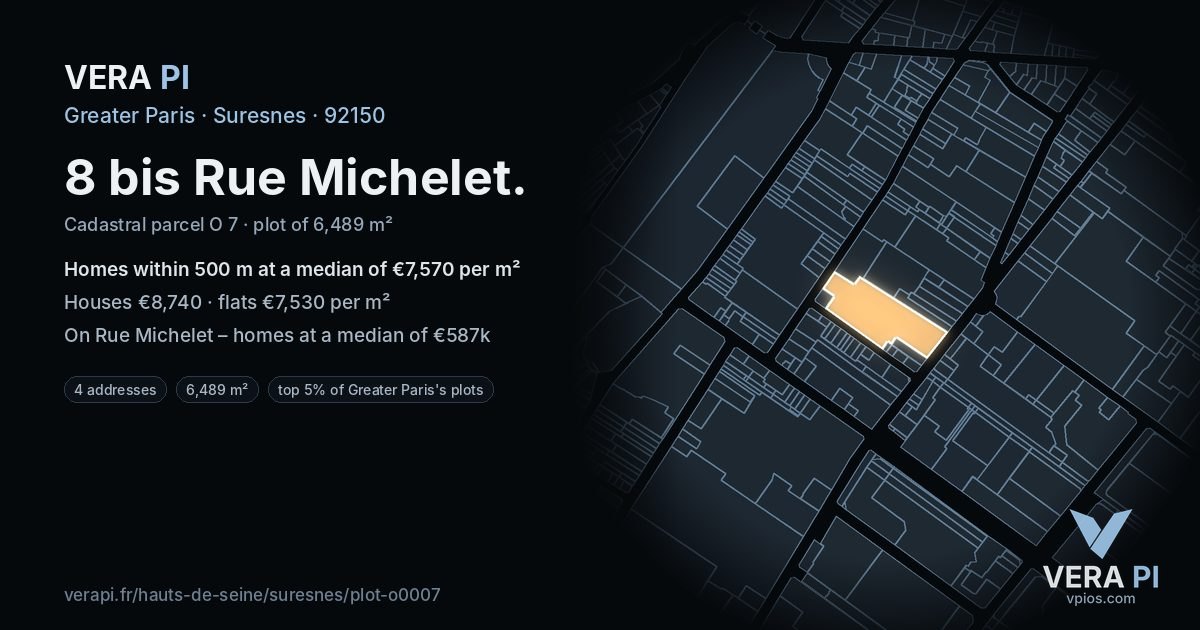 8 bis Rue Michelet, Suresnes at night – the plot lit, the parcels around coloured by the prices near them