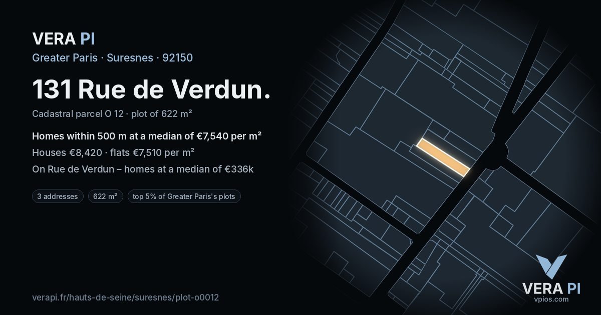 131 Rue de Verdun, Suresnes at night – the plot lit, the parcels around coloured by the prices near them
