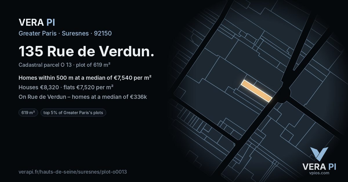 135 Rue de Verdun, Suresnes at night – the plot lit, the parcels around coloured by the prices near them