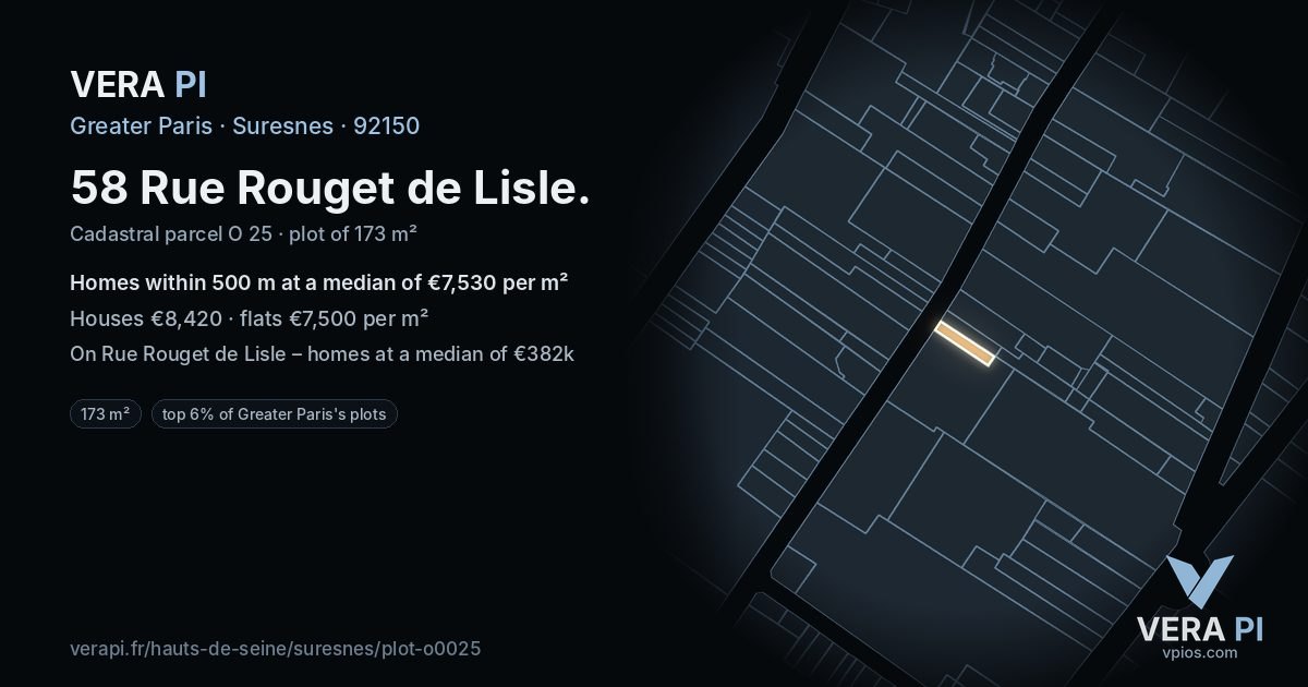58 Rue Rouget de Lisle, Suresnes at night – the plot lit, the parcels around coloured by the prices near them