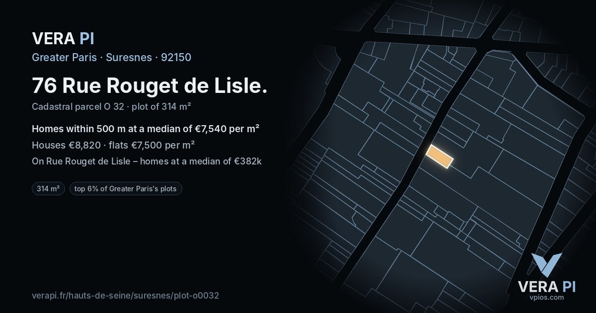 76 Rue Rouget de Lisle, Suresnes at night – the plot lit, the parcels around coloured by the prices near them