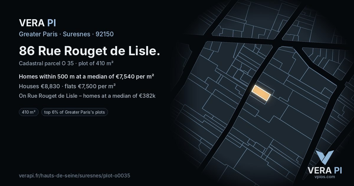 86 Rue Rouget de Lisle, Suresnes at night – the plot lit, the parcels around coloured by the prices near them