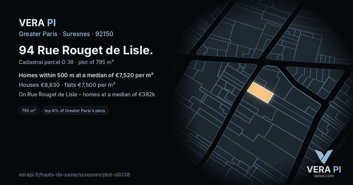 94 Rue Rouget de Lisle, Suresnes at night – the plot lit, the parcels around coloured by the prices near them