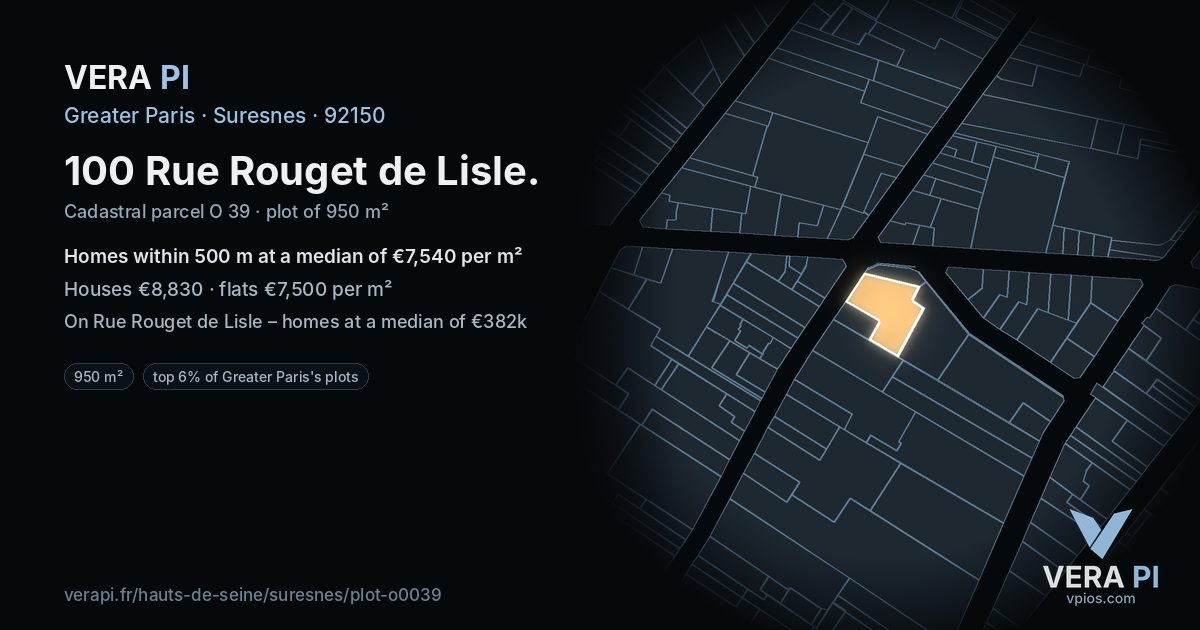 100 Rue Rouget de Lisle, Suresnes at night – the plot lit, the parcels around coloured by the prices near them