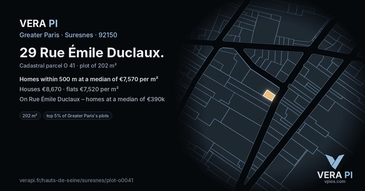 29 Rue Émile Duclaux, Suresnes at night – the plot lit, the parcels around coloured by the prices near them