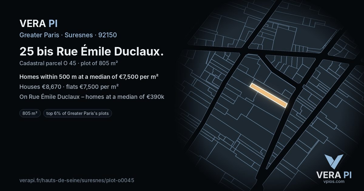 25 bis Rue Émile Duclaux, Suresnes at night – the plot lit, the parcels around coloured by the prices near them