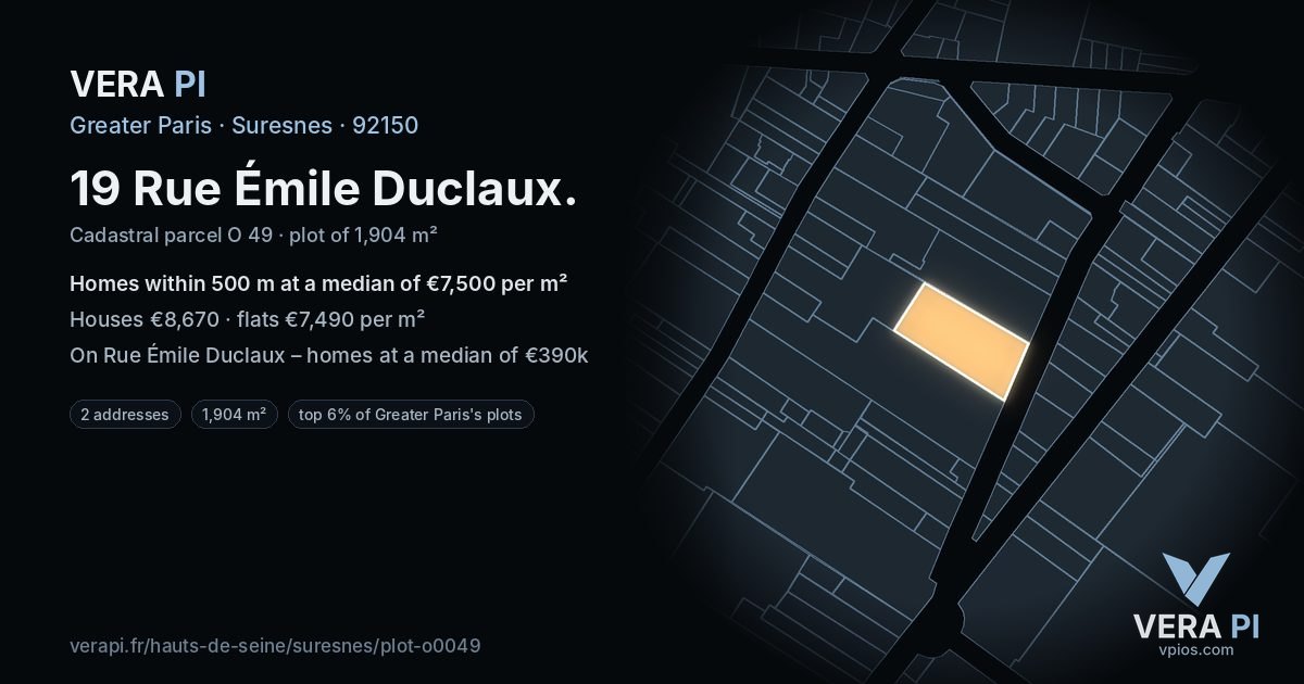 19 Rue Émile Duclaux, Suresnes at night – the plot lit, the parcels around coloured by the prices near them
