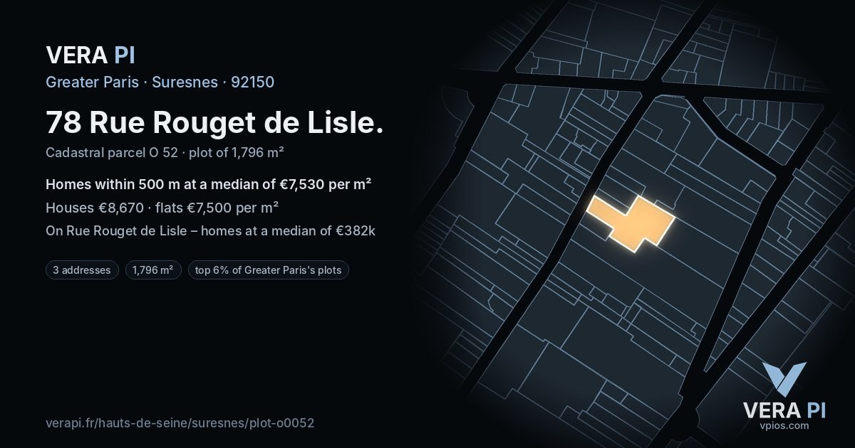 78 Rue Rouget de Lisle, Suresnes at night – the plot lit, the parcels around coloured by the prices near them