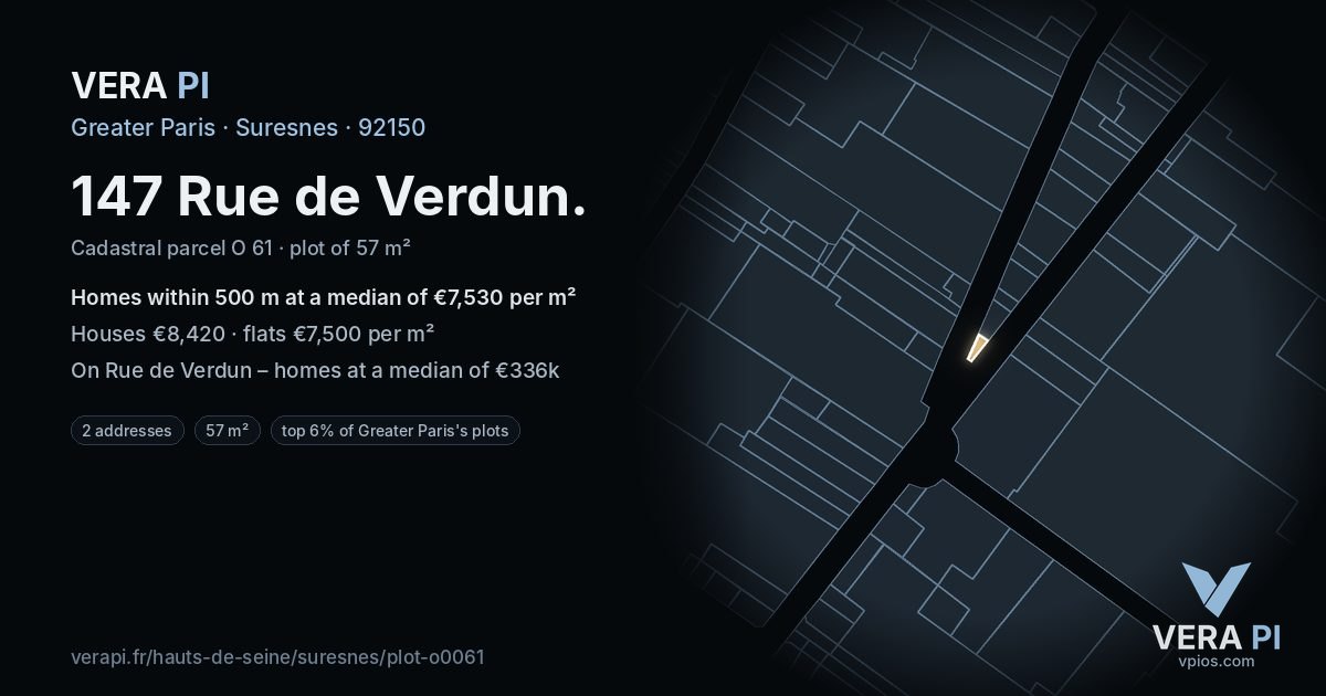 147 Rue de Verdun, Suresnes at night – the plot lit, the parcels around coloured by the prices near them