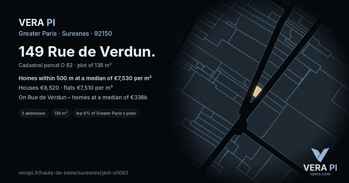 149 Rue de Verdun, Suresnes at night – the plot lit, the parcels around coloured by the prices near them