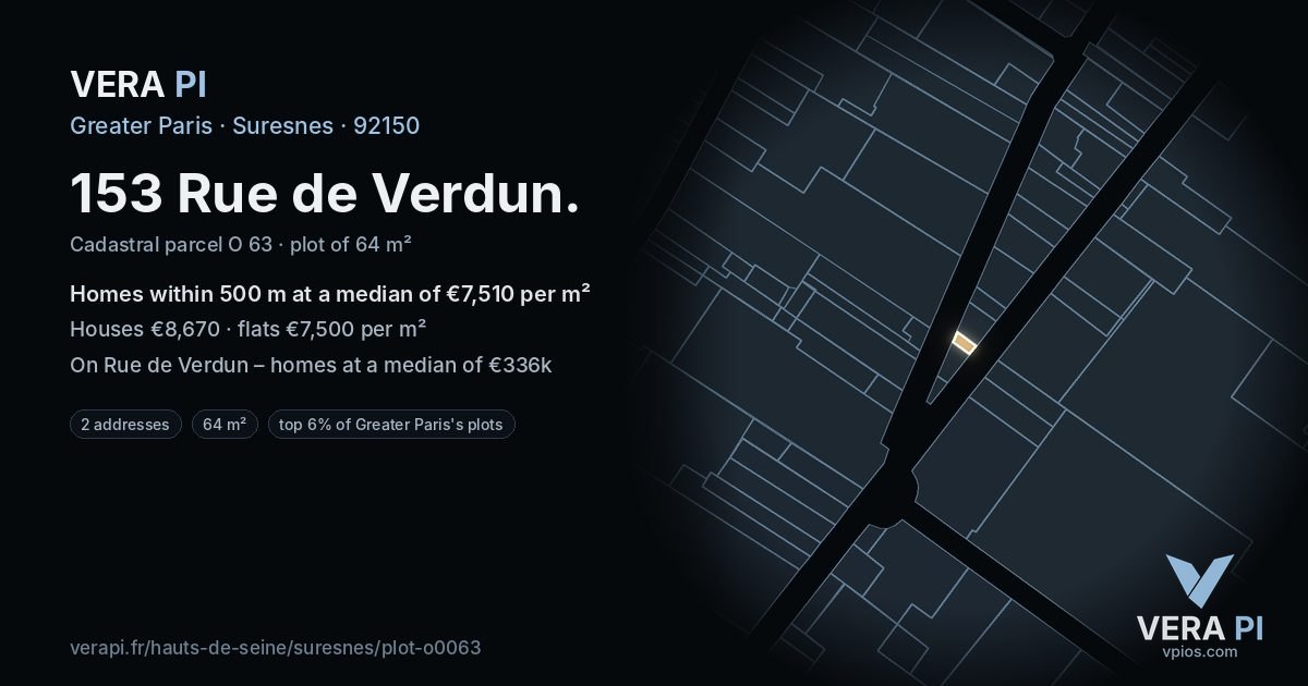 153 Rue de Verdun, Suresnes at night – the plot lit, the parcels around coloured by the prices near them