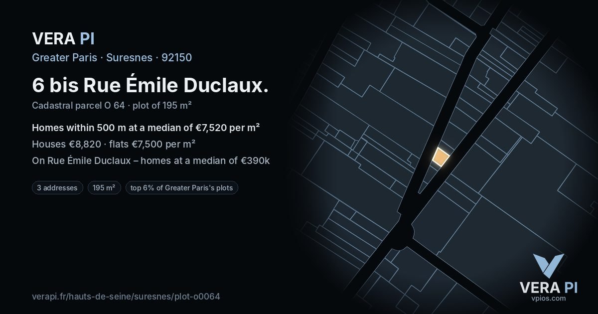 6 bis Rue Émile Duclaux, Suresnes at night – the plot lit, the parcels around coloured by the prices near them