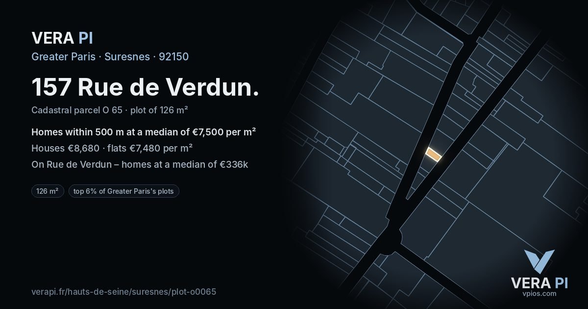 157 Rue de Verdun, Suresnes at night – the plot lit, the parcels around coloured by the prices near them