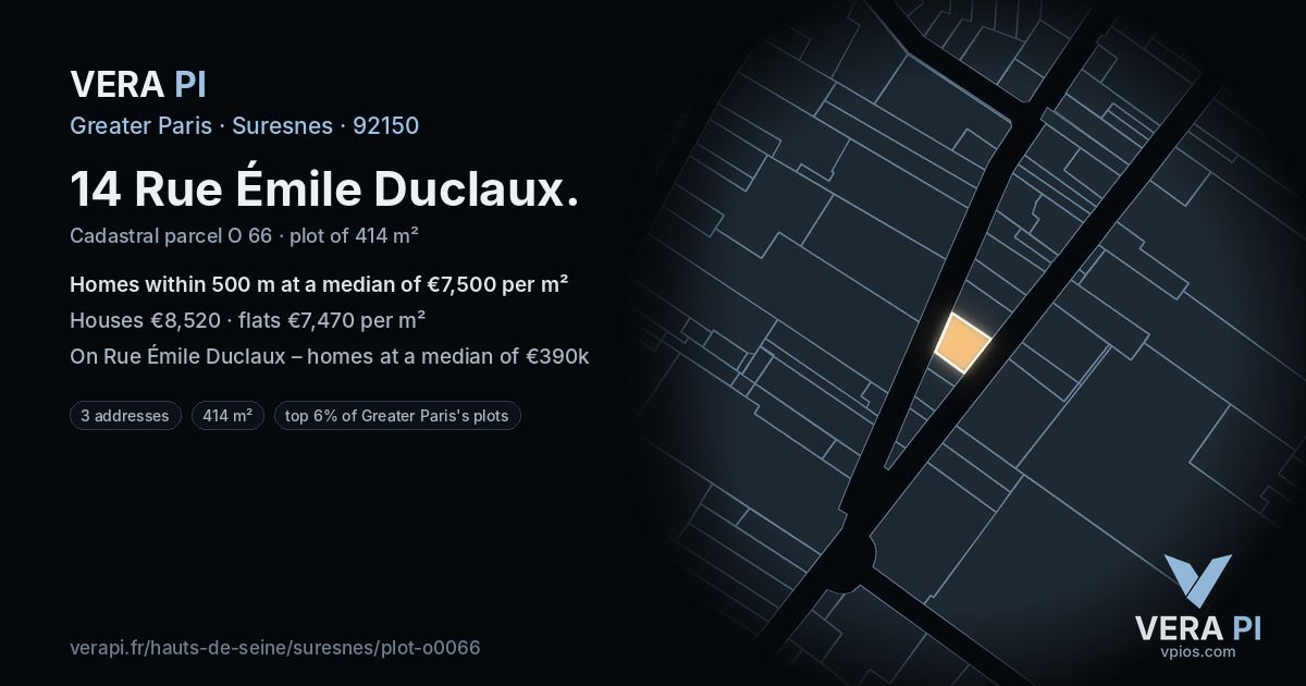 14 Rue Émile Duclaux, Suresnes at night – the plot lit, the parcels around coloured by the prices near them