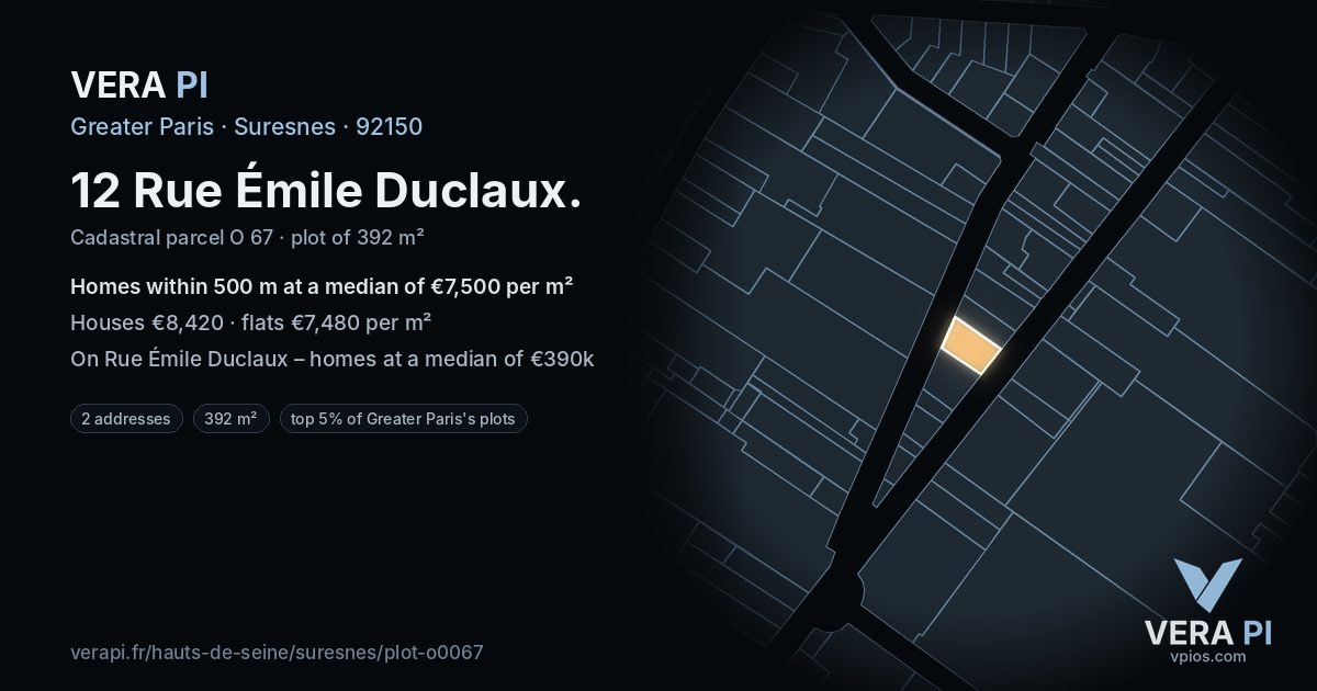 12 Rue Émile Duclaux, Suresnes at night – the plot lit, the parcels around coloured by the prices near them