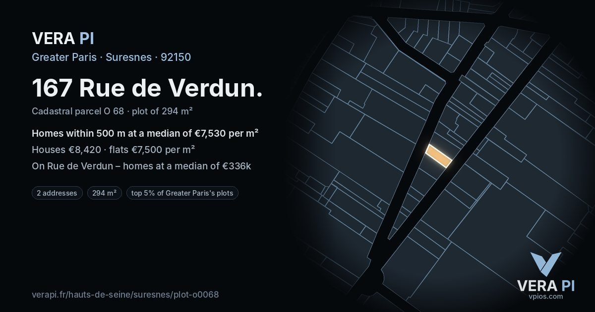167 Rue de Verdun, Suresnes at night – the plot lit, the parcels around coloured by the prices near them