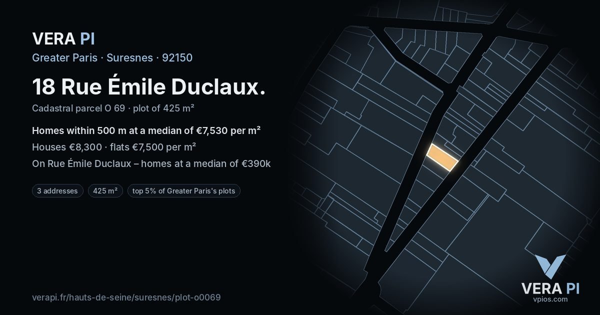 18 Rue Émile Duclaux, Suresnes at night – the plot lit, the parcels around coloured by the prices near them
