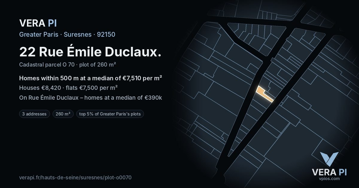 22 Rue Émile Duclaux, Suresnes at night – the plot lit, the parcels around coloured by the prices near them