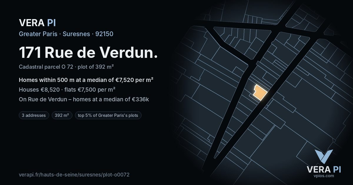 171 Rue de Verdun, Suresnes at night – the plot lit, the parcels around coloured by the prices near them