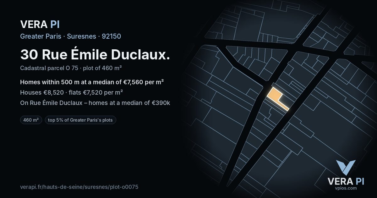 30 Rue Émile Duclaux, Suresnes at night – the plot lit, the parcels around coloured by the prices near them